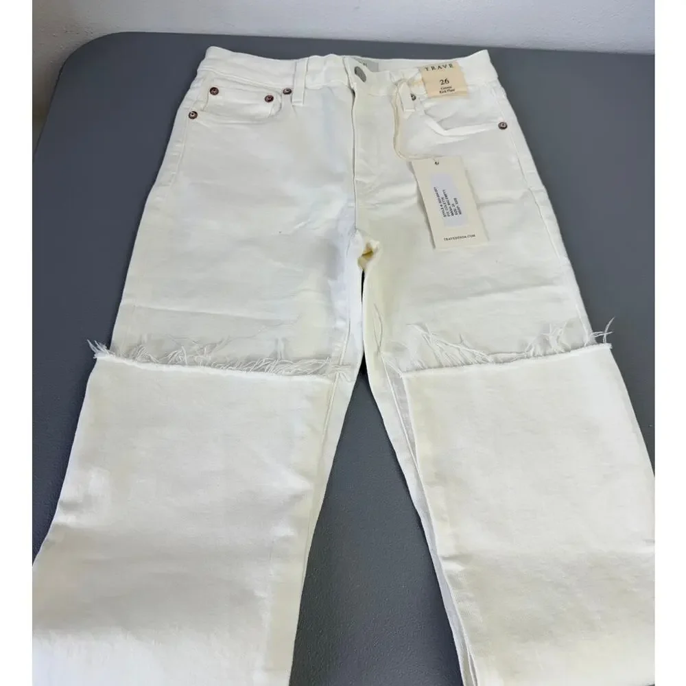 TRAVE Colette Kick Flare Crop Jeans White High Rise Raw Hem 26 NWT USA